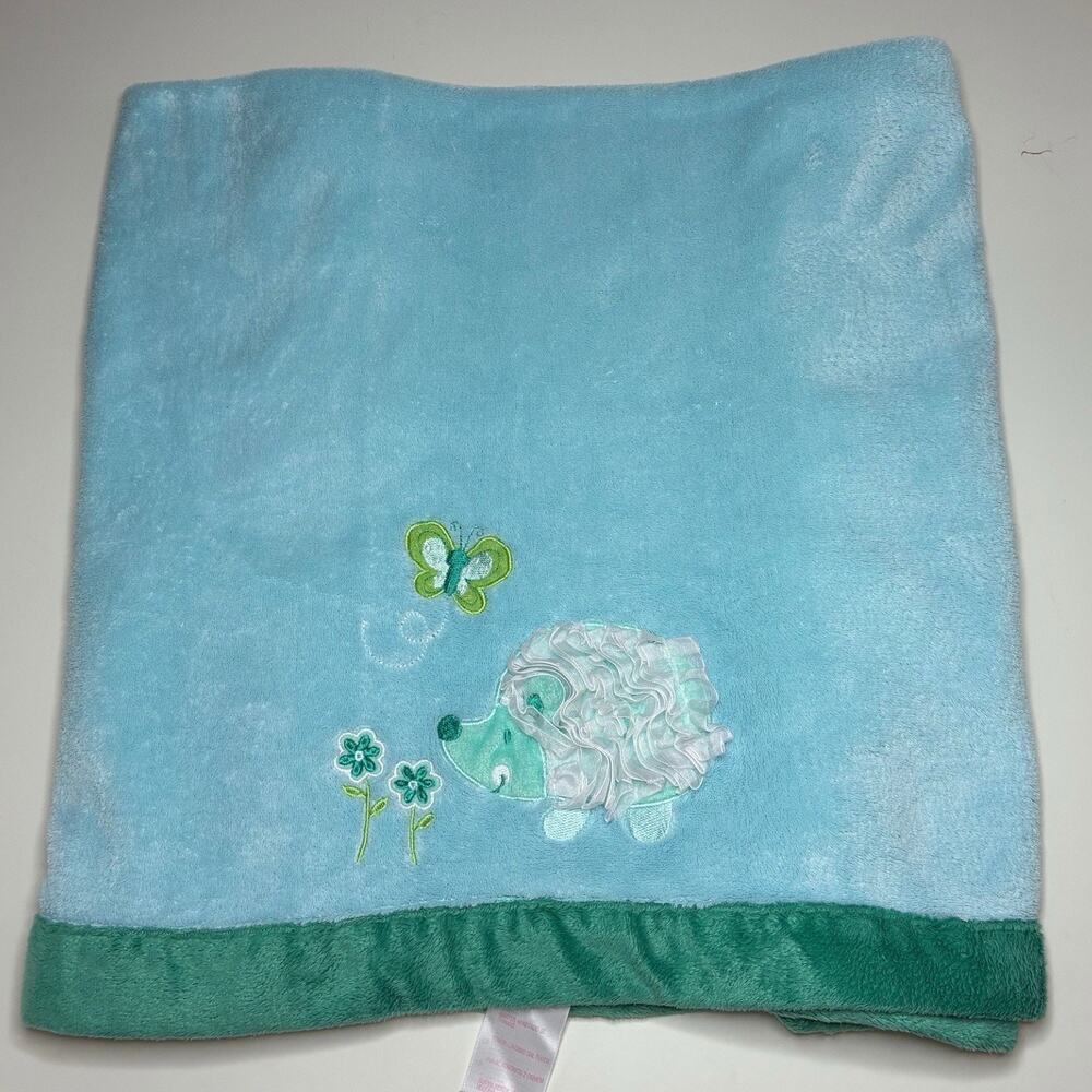 Babies R Us Blue Hedgehog Baby Blanket Teal Green Trim Flower Butterfly Plush